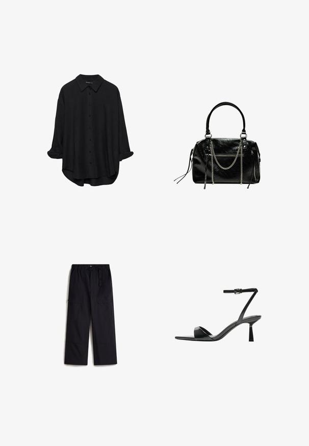 Mustapaita, jossa on pitkät hihat, nappilista ja viistot kaulus, rento istuvuus, käännetyt hihat ja hieman pyöristetyt helmat valmistettu sileästä kankaasta.; Mustat cargo-housut, joissa on joustava vyötärönauha, säädettävä vyö ja kaksi sivutaskua. Valmistettu kevyestä, teksturoidusta kankaasta.; Bershka Korolliset sandaalit - black; Bershka WITH CHAIN - Käsilaukku - black