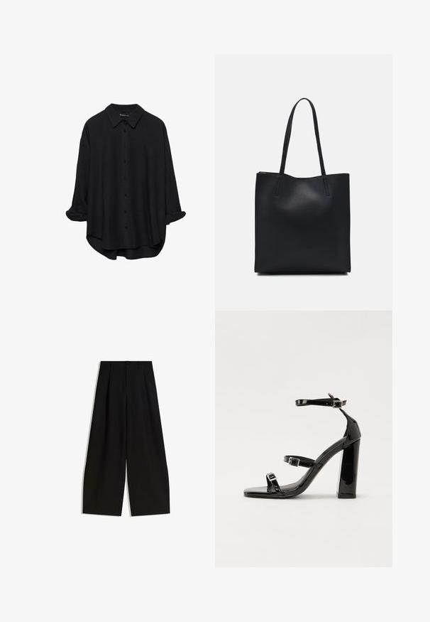 Svart långärmad skjorta med knappar, spetskrage, avslappnad passform, uppvikta ärmar och något rundad fåll, tillverkad av ett mjukt tyg.; Svarta vida byxor i mjukt tyg, med hög midja, veck framtill och utan synliga dekorationer eller mönster.; Svarta lackerade klacksandaler med fyrkantig tå, ankelremmar och silverfärgade spännen. Har en kraftig blockklack för stabilitet.; Svart lädertoffelväska med slät textur, rektangulär form och två långa handtag. Ingen synlig hårdvara eller dekorationer.