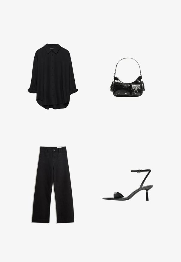 Črna dolgorasna srajca z gumbi in koničastim ovratnikom, udobnega kroja, z zavihanimi rokavi in rahlo zaobljenim robom, izdelana iz gladkega materiala.; Črne široke denim hlače z visokim pasom, ki imajo sprednje in zadnje žepe, šivane šive ter gumbasto zapiranje. Gladka tekstura.; Bershka Sandali z visoko peto - black; Črna lakasta usnjena torbica s ukrivljeno obliko, enim ramenskim trakom, sprednjimi žepi in srebrnimi kovinskimi dodatki.