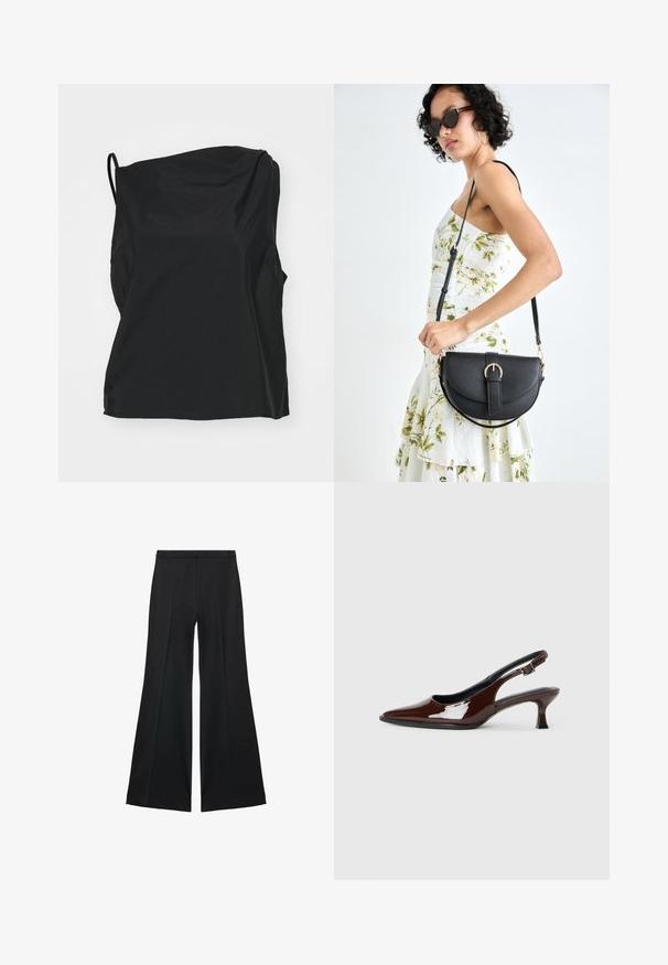 Haut sans manches noir en tissu léger, présentant une coupe décontractée, une texture subtile et une encolure asymétrique.; Pantalons larges noirs avec une texture lisse, présentant des plis sur le devant et un design ajusté. Le tissu est léger et fluide.; Chaussure slingback en cuir verni marron avec un bout pointu et un talon modéré. Elle est dotée d'une sangle à boucle pour un ajustement sécuritaire. Texture lisse.; Sac à main en cuir noir avec une forme courbée, bandoulière amovible et des accessoires en or. Le sac est doté d'un rabat avec un détail de boucle.
