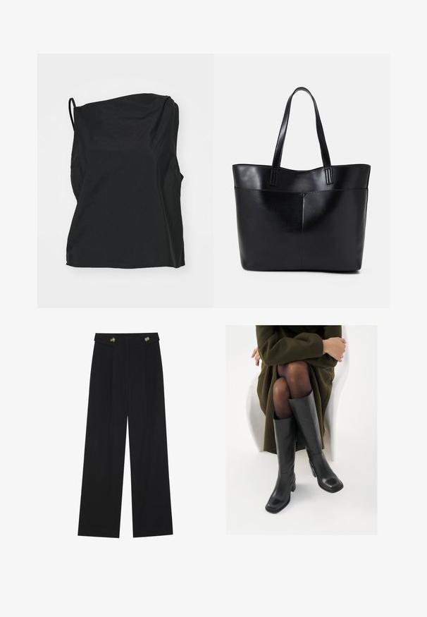 Haut sans manches noir en tissu léger, présentant une coupe décontractée, une texture subtile et une encolure asymétrique.; Pantalons larges noirs à taille haute, avec des détails de boutons à la taille et des plis sur le devant.; Bottes en cuir noires arrivant au genou, avec un bout carré et un talon carré, présentées sur un modèle assis dans un manteau vert olive. Texture lisse, détails minimaux.; Sac fourre-tout en cuir noir avec deux longues poignées, une texture lisse et une forme structurée. Dispose d'une poche avant pour un rangement supplémentaire.
