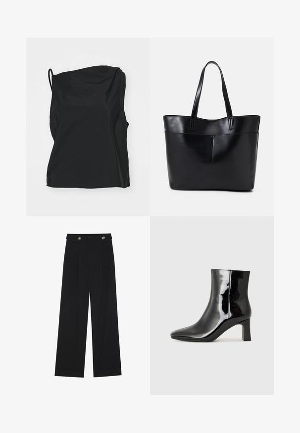 Haut sans manches noir en tissu léger, présentant une coupe décontractée, une texture subtile et une encolure asymétrique.; Pantalons larges noirs à taille haute, avec des détails de boutons à la taille et des plis sur le devant.; Bottines en cuir verni noir avec un bout pointu et un talon block de hauteur moyenne. Texture lisse et design minimaliste.; Sac fourre-tout en cuir noir avec deux longues poignées, une texture lisse et une forme structurée. Dispose d'une poche avant pour un rangement supplémentaire.