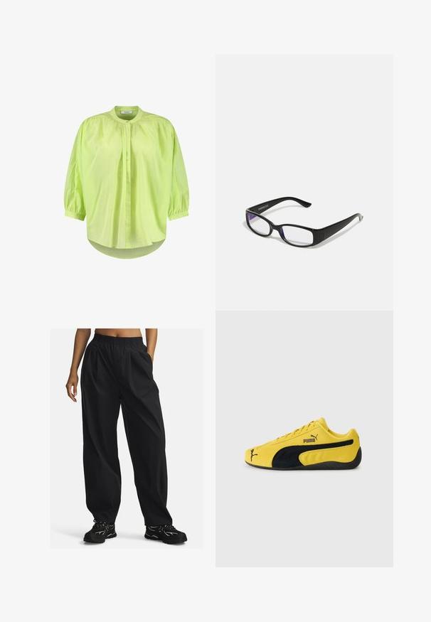 Hellgrünes, leichtes Blusenshirt mit hohem Kragen, Puffärmeln, Knopfleiste und lässiger Passform. Weicher Stoff mit leicht glänzendem Finish.; Drei ärmellose Tops: eines in Schwarz, eines in Grau und eines in Weiß. Aus weichem, stretchy Stoff mit verstellbaren Spaghettiträgern.; Schwarze, lässige Hose aus leichtem Stoff mit elastischem Bund, ausgestattet mit seitlichen Taschen und einer glatten Textur.; Gelbe Wildledersneaker mit schwarzen Wildlederelementen. Verfügt über eine strukturierte Sohle, ein Schnürdesign und das Puma-Logo an der Seite und auf der Zunge.; Schwarze rechteckige Brille mit klaren Gläsern. Glänzende Oberfläche, schmale Bügel und lila Tönung an den Rändern der Gläser sichtbar.