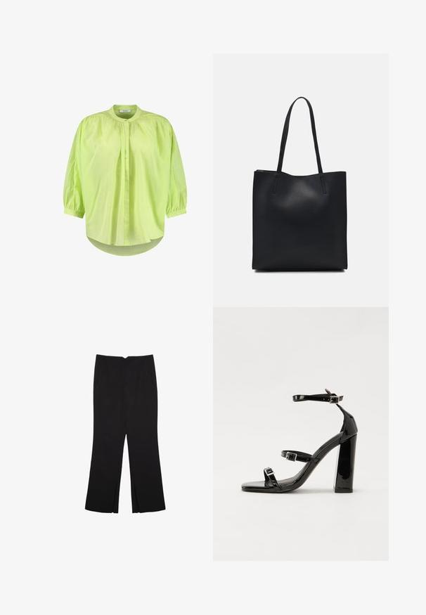 Blusa leggera di colore verde lime, con colletto alto, maniche a sbuffo, chiusura con bottoni e vestibilità rilassata. Tessuto morbido con una finitura leggermente lucida.; Pantaloni neri a gamba dritta, con tasche frontali e spacchi laterali all'orlo. Realizzati in tessuto morbido e liscio. Adatti a diverse occasioni.; Sandali con tacco in vernice nera, con punta squadrata, cinturini alla caviglia e fibbie in argento. Presentano un tacco a blocco spesso per maggiore stabilità.; Borsa tote in pelle nera con texture liscia, forma rettangolare e due manici lunghi. Nessun hardware o decorazione visibile.