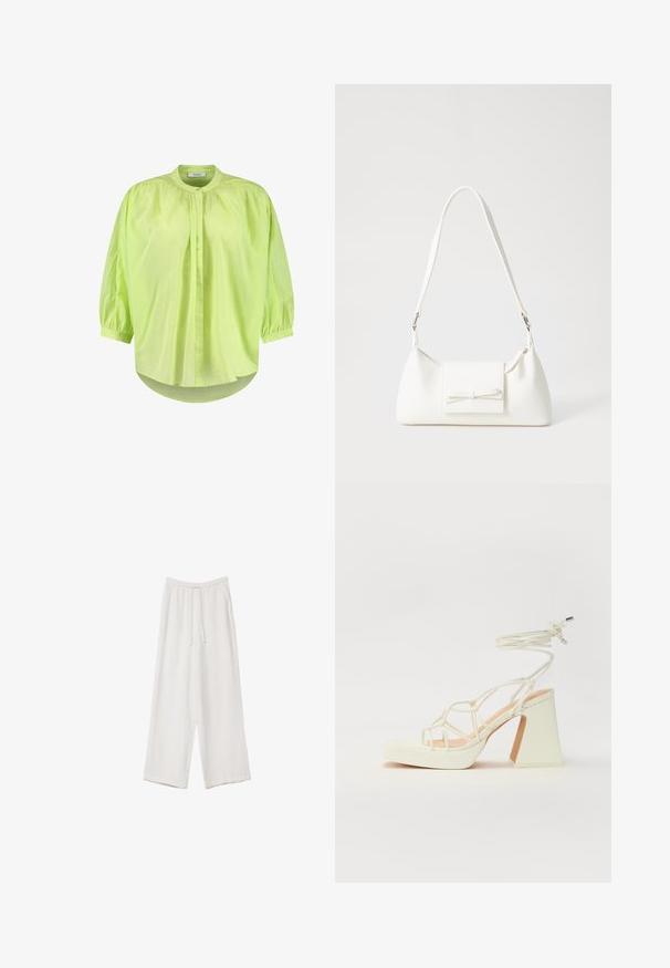 Jasnozielona, lekka bluzka z wysokim kołnierzem, bufiastymi rękawami, zapięciem na guziki z przodu i luźnym krojem. Miękka tekstura o lekko błyszczącej powierzchni.; Białe spodnie o szerokich nogawkach wykonane z lekkiego materiału. Posiadają elastyczny pas z sznurkiem i boczne kieszenie. Gładka tekstura.; Biała sandał na wysokim obcasie z masywnym słupkiem, z paskowym wzorem i wiązaniem przy kostce. Gładka faktura z platformą z przodu dla dodatkowej wysokości.; Biała syntetyczna torba o trójkątnym kształcie, płaskim przednim klapce i detalach w postaci kokardy, regulowanym pasku, gładkiej fakturze oraz minimalistycznym designie.