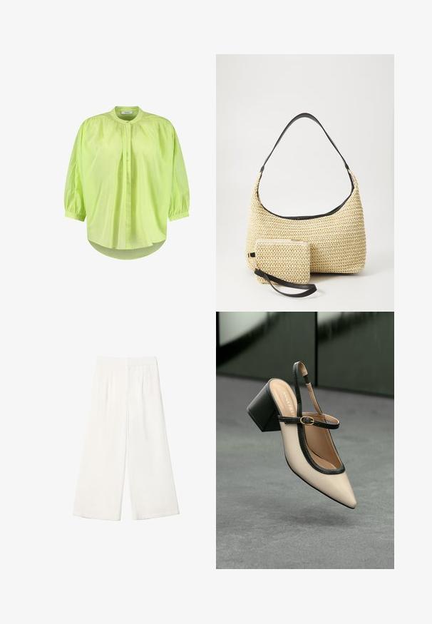 Höyhenenkevyt limevihreä paita korkealla kauluksella, puffattuja hihoja, nappikiinnitys edessä ja rento malli. Pehmeä tekstuuri, jossa on hieman kiiltävä pinta.; Valkoiset leveät housut, jotka on valmistettu sileästä kankaasta. Ominaisuuksiin kuuluvat litteä vyötärö ja pystysuorat laskokset lisäyksinä.; Beige slingback-kengät, joissa on musta reuna, kultahakas, ja paksu lohkoheel, harmaalla lattialla tummanvihreää taustaa vasten.; Kudottu olkikassi kaarevalla siluetilla, jossa on sileä musta nahkaremmi ja siihen kiinnitetty yhteensopiva pieni pussukka rannekahvalla.