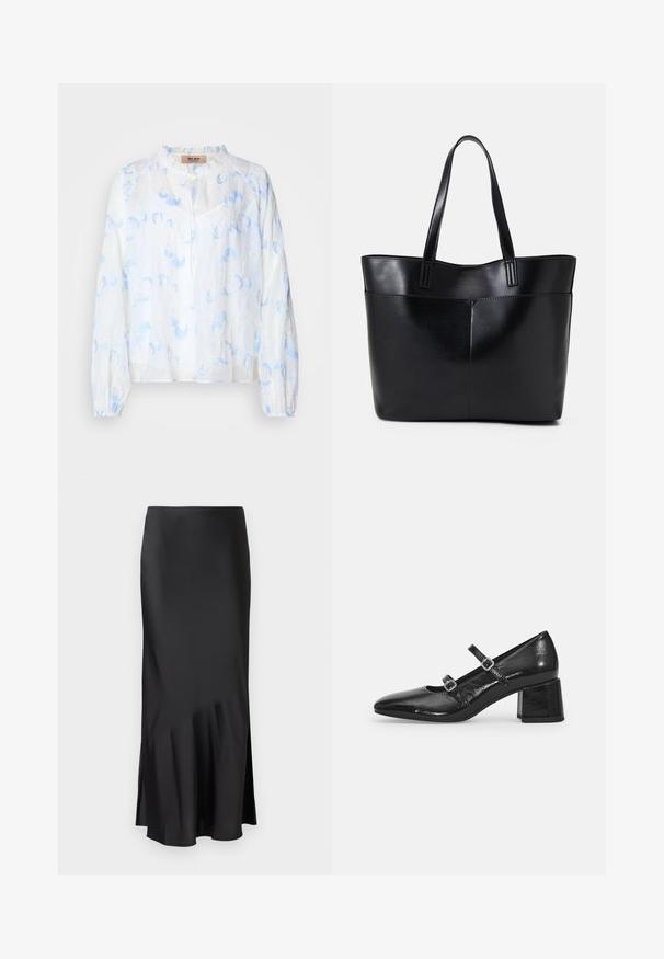Balta blusa su šviesiai mėlynais gėlių siuvinėjimais, laisvas kirpimas, apvalus iškirpimas ir ilgomis rankovėmis su susiraukšlėmis. Lengvas audinys.; Juodas satino midi sijonas su elegantišku dizainu, kuris turi šiek tiek platėjančią apatinę dalį ir šonine išpjova, užtikrinančia laisvą judėjimą. Lygus paviršius.; Juodos lakinės Mary Jane bateliai su smailu smailiu, dviem reguliuojamais dirželiais ir storu blokuota kulnu. Lygus paviršius ir blizgus apdaila.; Juoda odinė rankinė su dviem ilgais diržais, lygiu paviršiumi ir struktūrizuota forma. Yra priekinė kišenė papildomam saugojimui.