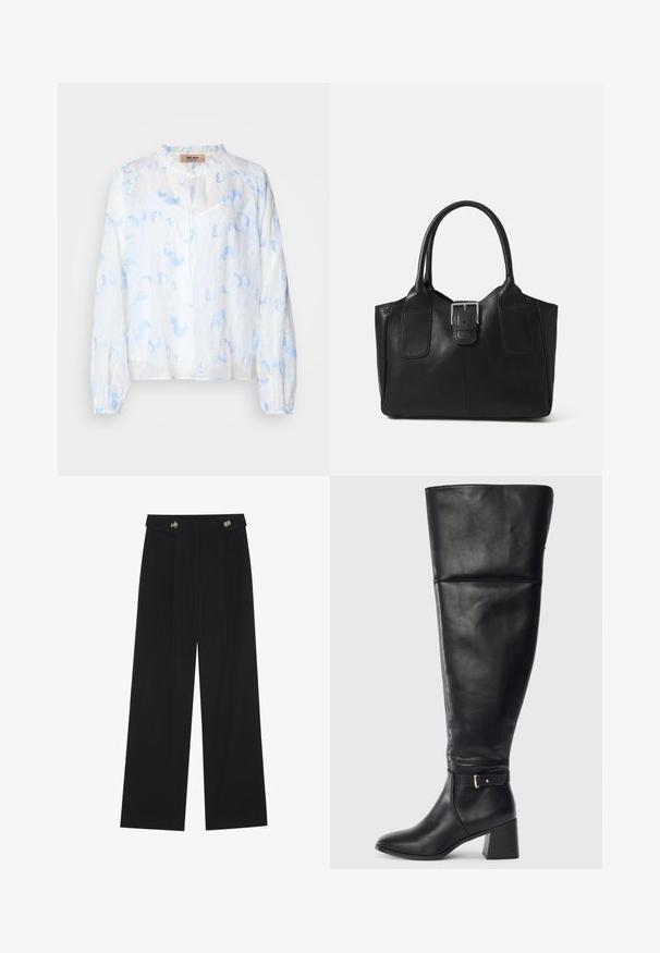 Biela blúzka s jasnomodrým kvetinovým vyšívaním, uvoľnený strih, okrúhly výstrih a dlhé rukávy s nariasenými manžetami. Ľahký materiál.; Čierne široké nohavice s vysokým pásom, so zapínaním na gombíky na páse a prednými sklady.; Čierna kožená vysoká čižma s blokovým podpätkom a dekoratívnym popruhom so zlatou sponou nad členkom, bočný pohľad na bielom pozadí.; Čierna kožená taška s hladkou textúrou, štruktúrovaným tvarom, dvoma uchami a výrazným strieborným prackovým detailom na prednej strane.