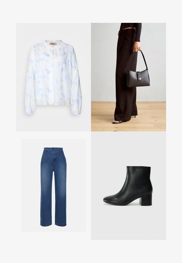 White blouse with light blue floral embroidery, relaxed fit, round neckline, and long sleeves with gathered cuffs. Lightweight fabric.; High-waisted denim jeans in medium blue. Features front button accents and wide-leg design. Fabric has a smooth texture with slight fading.; Black leather ankle boots with a pointed toe and a chunky heel. Smooth texture with minimal accents and a sleek, fitted design.; Black handbag with structured shape, smooth texture, and a metallic clasp. Paired with wide black pants and open-toe sandals on wooden floor.