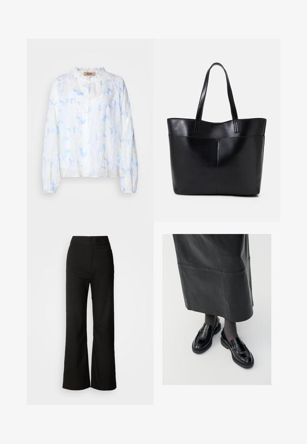 Bela bluza s svetlo modrim cvetnim vezenjem, sproščenega kroja, okroglim ovratnikom in dolgimi rokavi z nabranimi manšetami. Lahka tkanina.; Črne široke hlače z gladko teksturo, visokim pasom in čistim dizajnom. Brez vidnih žepov ali okrasnih elementov.; Črne usnjene loafer čevlje s gladko površino, ki imajo dekorativno srajco, okroglo konico in teksturiran podplat. Nosi se z dolgim črnim usnjennim krilom.; Črna usnjena torba z dvema dolgima ročajema, gladko teksturo in strukturirano obliko. Ima sprednji žep za dodatno shranjevanje.; Srebrni obroči za ušesa z gladko, polirano površino. Okrogla oblika in varna zaponka s klikom. Lahka zasnova, primerna za vsakodnevno nošenje.