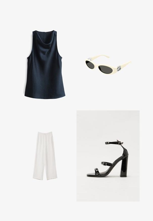 Marinefarbenes ärmelloses Oberteil aus strukturiertem Stoff, mit rundem Ausschnitt und Reißverschluss auf der Rückseite. Glatter Fall und lockere Passform sorgen für zusätzlichen Komfort.; Weiße weit geschnittene Hose aus leichtem Stoff. Mit einem elastischen Bund und Kordelzug sowie Seitentaschen. Glatte Textur.; Schwarze patentierte Sandalen mit Absatz, quadratischer Spitze, Knöchelriemen und silbernen Schnallen. Mit einem stabilen Blockabsatz für mehr Stabilität.; Cremefarbene Sonnenbrille mit ovalen Gläsern, schwarzem Tönung und metallischen Logoakzenten an den Schläfen. Glatte Textur, Cat-Eye-Design.