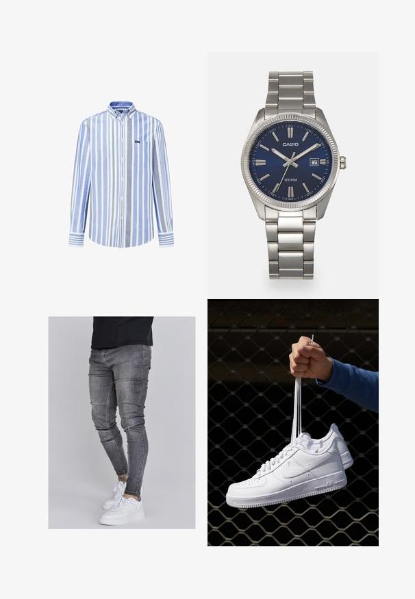 Langärmeliges Button-Down-Hemd in hellblau, dunkelblau und weißen Streifen, mit einer Brusttasche und gestreiften Ärmelbündchen.; Schlanke Jeans aus ausgebleichtem grauem Denim, mit abgenutzten Details an den Knien, kombiniert mit weißen Sneakers. Glatte Textur, schlanker Schnitt.; Weiße Leder-Sneaker mit Perforationen, runder Zehenpartie, flacher Sohle und dicken Schnürsenkeln, mit sichtbar eingesticktem Swoosh-Logo und "AIR" an der Ferse.; Silberner Armbanduhr aus Edelstahl mit einem dunkelblauen Zifferblatt, metallischen Stundenmarkierungen und einem Datumsfenster bei 3 Uhr. Wasserdicht bis 50 Meter.