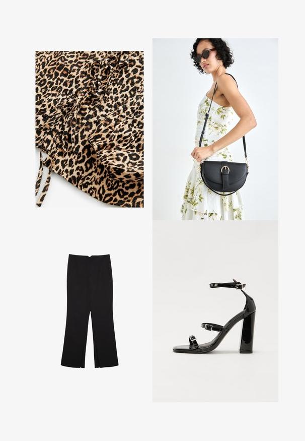 Tessuto a stampa leopardata con uno sfondo tan e macchie nere e marroni. Include fiocchi e dettagli arricciati su un lato.; Pantaloni neri a gamba dritta, con tasche frontali e spacchi laterali all'orlo. Realizzati in tessuto morbido e liscio. Adatti a diverse occasioni.; Sandali con tacco in vernice nera, con punta squadrata, cinturini alla caviglia e fibbie in argento. Presentano un tacco a blocco spesso per maggiore stabilità.; Borsa a tracolla nera in pelle con una forma curva, manico rimovibile e accessori dorati. La borsa presenta una patta con un dettaglio a fibbia.