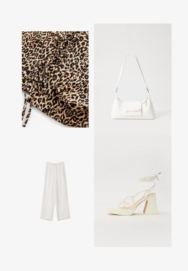 Leopardmönstrad tyg med en tanbakgrund och svarta och bruna fläckar. Inkluderar knytband och rynkdetaljer på ena kanten.; Vita vida byxor i vid passform gjorda av ett lättviktsmaterial. Har en elastisk midja med dragsko och sidofickor. Slät textur.; Vit högklackad sandal med en kraftig klack, med ett remdesign och ankelband. Slät textur med en plattform framtill för ökad höjd.; Vit syntetisk handväska med triangulär form, platt framklaff och rosettdetalj, justerbar rem, slät textur och minimalistisk design.
