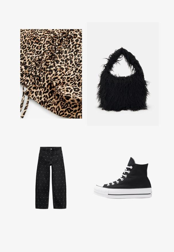 Løveprints stof med en lys beige baggrund og sorte samt brune pletter. Inkluderer snore og draperet detaljering i den ene kant.; Sorte denim bredbuks med et mønster af små sølvøjer, med et klassisk fem-lomme design og knaplukning foran.; Højtop sort lærredssko med hvide øjetter, snørebånd og gummisål. Har en tekstureret tåhætte og sorte og hvide stribe-accenter.; Even&Odd Shopping bags - black; Tre ringe: et børstet guldband, et sort blankt band og et bredt band med et brunt og hvidt zigzagmønster.