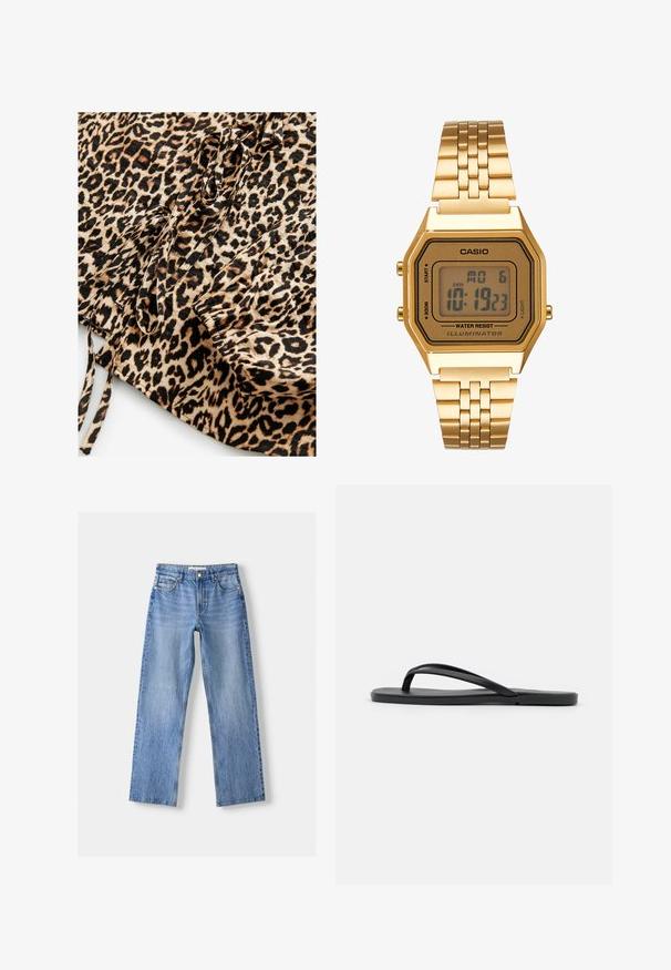 Látka s leopardím potiskem, která má béžové pozadí s černými a hnědými skvrnami. Obsahuje tkanice a na jednom okraji nařasené detaily.; Svetle modré džínové kalhoty s rovnými nohavicemi, s pěti kapsami, předním zapínáním na knoflík a jemným opráním pro texturu.; Černé žabky s minimalistickým designem, plochou podrážkou, úzkými pásky a hladkým povrchem. Bez dalších vzorů nebo akcentů.; Zlaté digitální hodinky s obdélníkovým ciferníkem, LCD displejem, nerezovým páskem a tlačítky na boku. Obsahují označení odolnosti proti vodě.