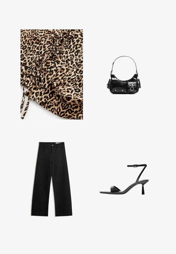 Látka s leopardím vzorom so svetlohnedým pozadím a čiernymi a hnedými škvrnami. Obsahuje šnúrky a zhromaždené detaily na jednom okraji.; Čierne denimové nohavice s širokými nohavicami a vysokým pásom, so prednými a zadnými vreckami, šitými švami a zapínaním na gombík. Hladká textúra.; Bershka Sandále na vysokom opätku - black; Čierna laková kožená kabelka s ohnutým tvarom, jedným ramenným popruhom, prednými vreckami a striebornými kovovými doplnkami.