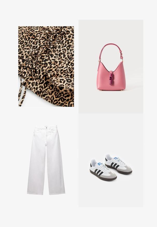 Leopardmönstrad tyg med en tanbakgrund och svarta och bruna fläckar. Inkluderar knytband och rynkdetaljer på ena kanten.; Vita vida byxor i jeansmaterial. Har knäppning i midjan, fram- och bakfickor samt stickade sömmar. Slät yta med minimala detaljer.; Sportskor med överdel i vit läder, grå mocka på tårna och tre svarta ränder. Har en blå logotyp på tungan och en texturerad gummisula.; Rosa läderhandväska med en strukturerad form, med en glänsande stängning och ett enda justerbart band. Texturerad yta med detaljer i guld.