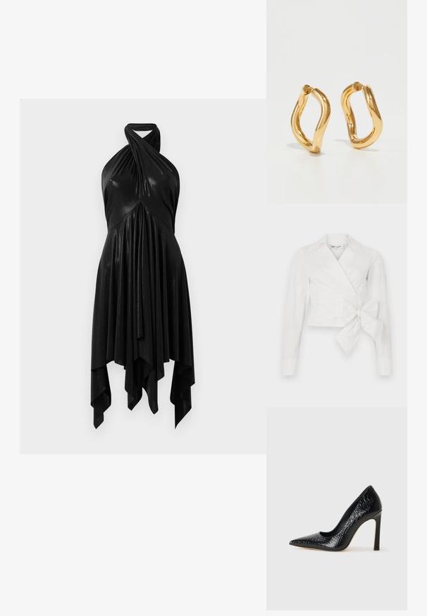 Blouse blanche à manches longues, col et détail de nœud à l'avant. Fabriquée en tissu lisse avec un design légèrement structuré.; Robe noire à halter avec un design drapé. Fabriquée en matériau brillant, avec un col tordu et un ourlet asymétrique. Texture lisse.; Escarpin noir à bout pointu avec texture en cuir de crocodile, présentant un design élégant, un haut talon aiguille et un intérieur noir lisse.; Boucles d'oreilles en forme de cerceau de couleur dorée avec une forme courbée et irrégulière et une texture lisse et polie. Aucun matériel ou accent visible.