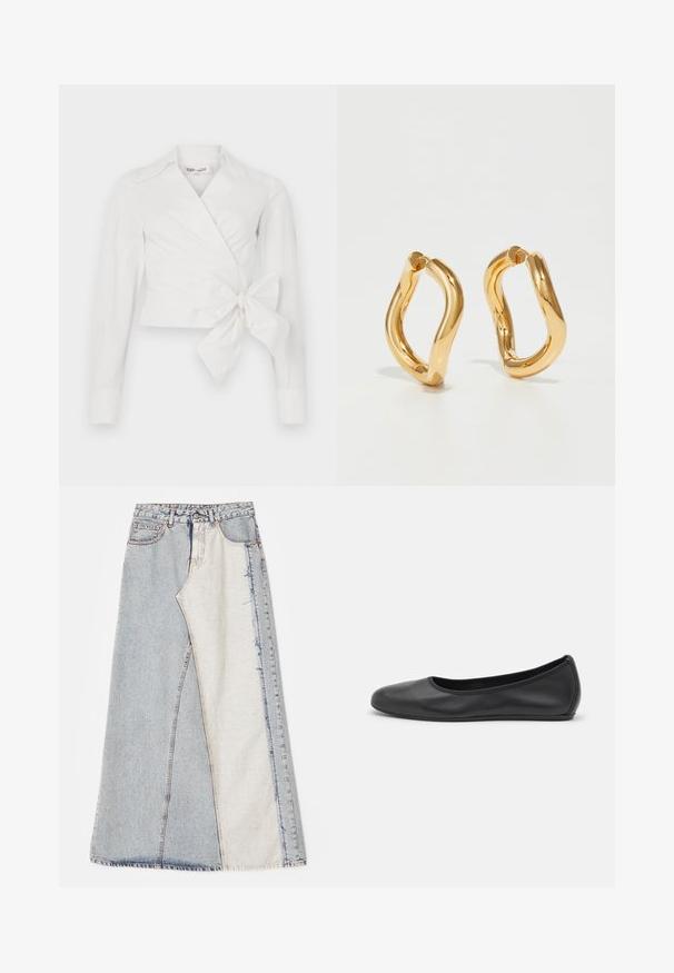 Witte wikkelblouse met lange mouwen, kraag en een strikdetail aan de voorkant. Gemaakt van een soepel materiaal met een licht gestructureerd ontwerp.; Denim rok met een patchworkontwerp bestaande uit lichte en middelblauwe secties, rafelige zomen en een hoge taille. Klassiek vijf-pocket model.; Zwarte leren ballerina met een ronde neus, gladde textuur, minimale stikdetails en een flexibele zoolontwerp.; Gouden ovale oorbellen met een gebogen, onregelmatige vorm en een gladde, gepolijste textuur. Geen zichtbare hardware of accenten.