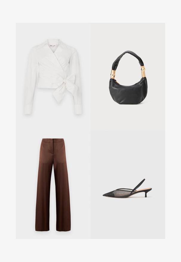 White wrap blouse with long sleeves, collar, and front tie detail. Made from smooth fabric with a slightly structured design.; Brown wide-leg trousers made of smooth, lightweight fabric, featuring a flat front, no pockets, and a straight silhouette.; NEOUS IRENA - Classic heels - black; Black leather handbag with a round shape, soft texture, and a knotted handle featuring gold-tone hardware accents. Zipper closure.