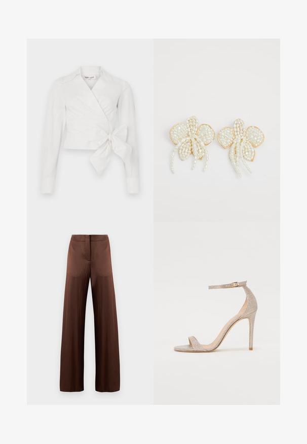 White wrap blouse with long sleeves, collar, and front tie detail. Made from smooth fabric with a slightly structured design.; Brown wide-leg trousers made of smooth, lightweight fabric, featuring a flat front, no pockets, and a straight silhouette.; Strappy high-heeled sandal in metallic rose gold, featuring a textured upper, open toe, and ankle strap with a gold buckle detail.; Pearl flower earrings with gold accents. Each petal features small, round pearls arranged in a floral design, with trailing pearl details.