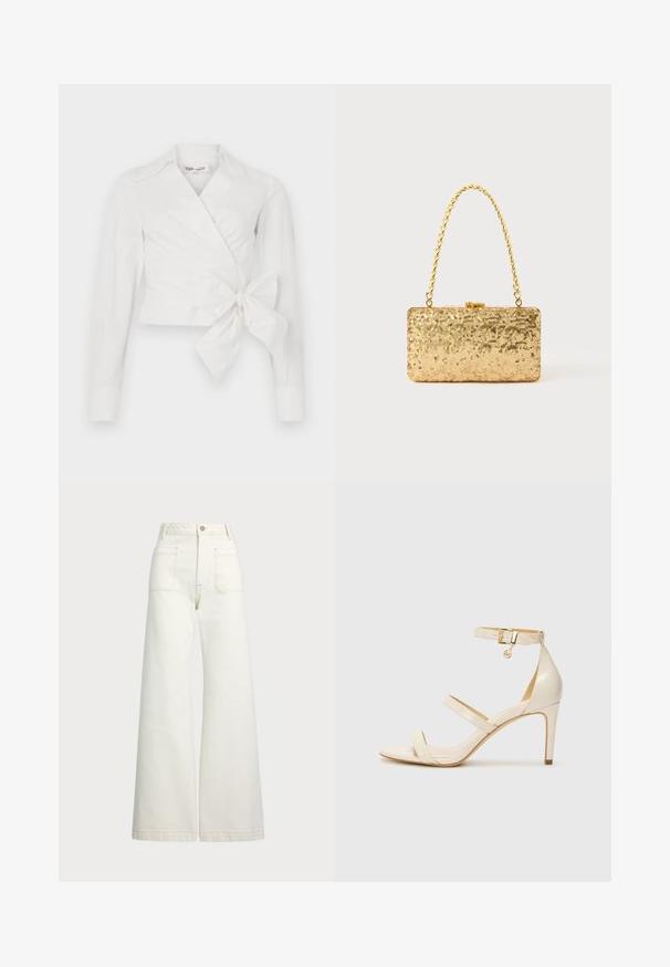 Blouse blanche à manches longues, col et détail de nœud à l'avant. Fabriquée en tissu lisse avec un design légèrement structuré.; Jeans large en denim écru. Design taille haute avec une fermeture à bouton, deux poches avant et des détails de surpiqûres contrastantes.; Sandales à talons beiges avec une fine bride de cheville et deux brides supérieures. Fini verni brillant et détails en métal doré sur la bride de cheville.; Pochette en sequins dorés de forme rectangulaire, dotée d'une poignée en chaîne torsadée et d'une fermeture à fermoir en métal, réfléchissant la lumière avec une finition texturée.