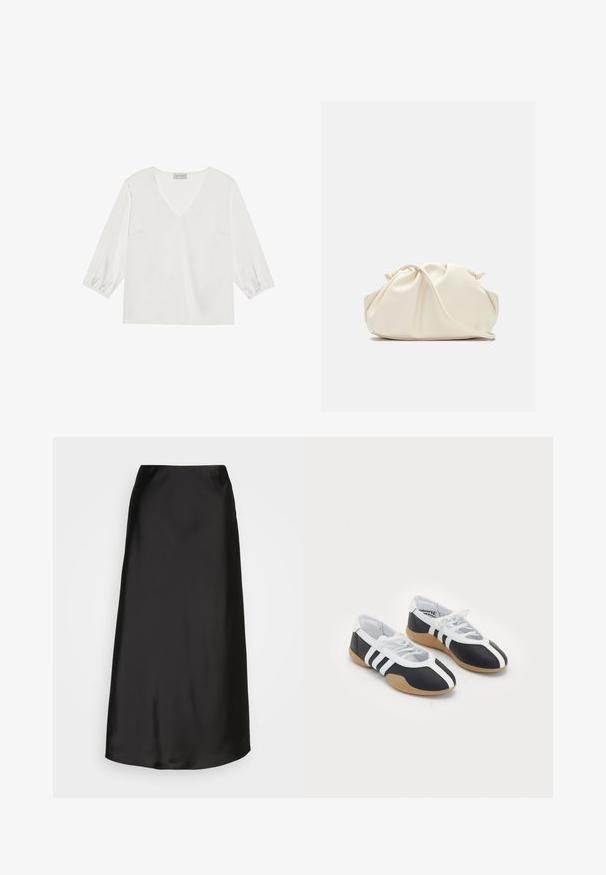 White, long-sleeve blouse featuring a deep V-neck, soft satin-like material, and gathered sleeve cuffs for a relaxed fit.; Black satin midi skirt with a smooth texture, A-line shape, and a subtle sheen. Features a sleek, uncomplicated design without embellishments.; Black and white athletic shoes with a sleek design, rubber sole, lace-up closure, and three white stripes on the sides.; Cream-colored, soft faux leather bag with gathered design, adjustable strap, and subtle drawstring closure. Smooth texture and rounded shape.
