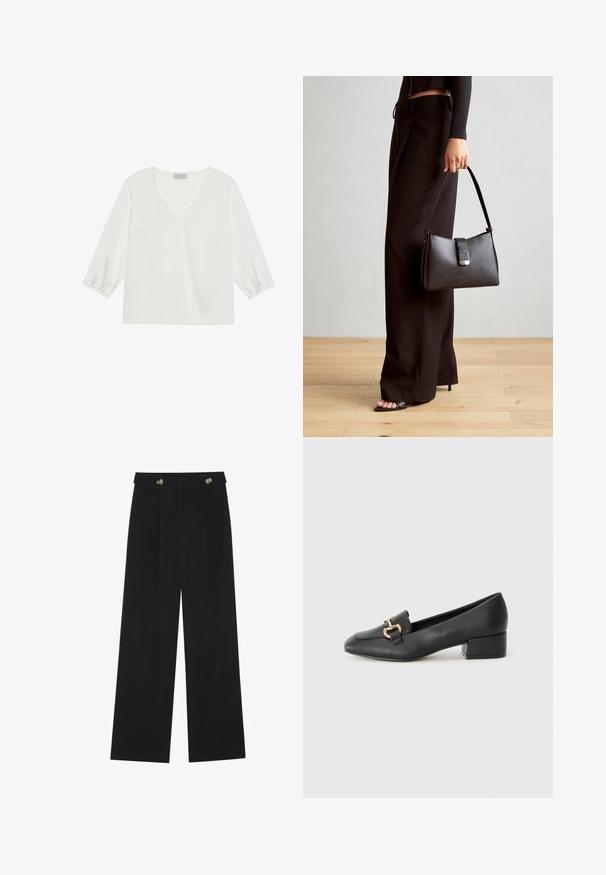 Hvid langærmet bluse med dyb V-hals, blødt satinlignende materiale og samlede ærmekanter for en afslappet pasform.; Sorte vide bukser med høj talje, knapdetaljer på taljebåndet og frontfald.; Sorte læder loafers med flad hæl, der har en dekorativ guldhardwaredetalje foran og en glat overflade.; Sort håndtaske med struktureret form, glat overflade og metalspænde. Sammen med brede sorte bukser og sandaler med åben tå på trægulv.
