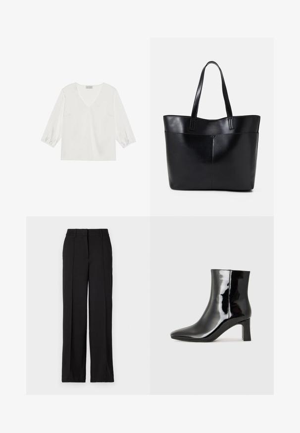 Hvid langærmet bluse med dyb V-hals, blødt satinlignende materiale og samlede ærmekanter for en afslappet pasform.; Sorte bukser med en lige ben design, der har to forreste folder, en talje og ingen synlige lommer eller dekorative elementer.; Sort lakeret ankelstøvle med spids tå og en midt-højde blokhæl. Glat tekstur og minimalistisk design.; Sort læder tote taske med to lange håndtag, en glat tekstur og en struktureret form. Har en forlommem for ekstra opbevaring.