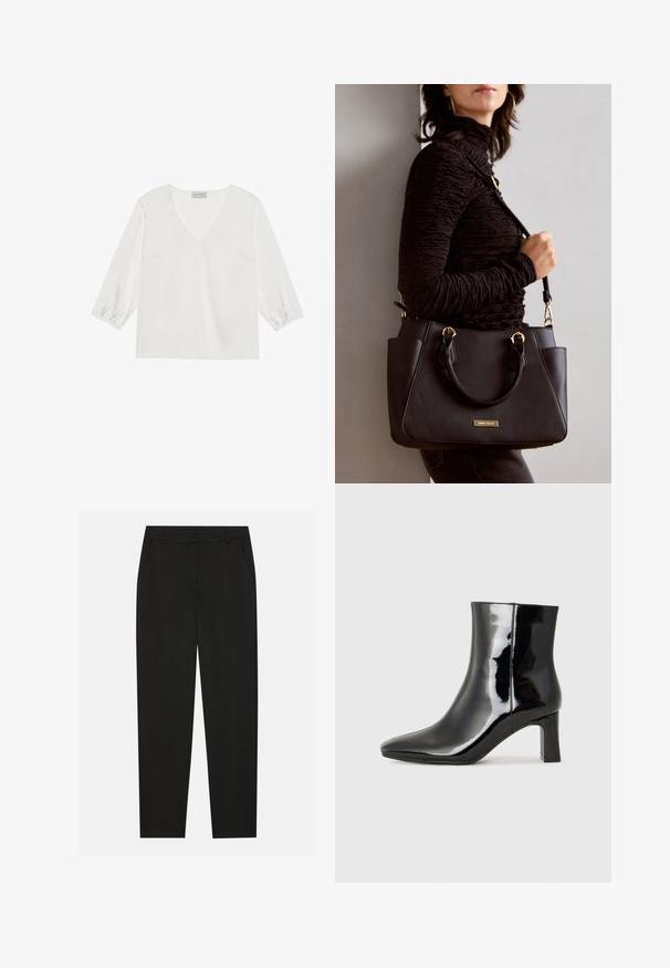 Blusa branca de mangas longas com um decote em V profundo, material suave semelhante a cetim e punhos franzidos para um ajuste descontraído.; Calças pretas com um design ajustado, apresentando bolsos laterais e pernas retas. Feitas de um tecido suave e leve com um acabamento elegante.; Botim de tornozelo em pele sintética preta com bico apontado e salto bloco de altura média. Textura suave e design minimalista.; Bolsa preta com superfície texturizada, alças superiores duplas e alça de ombro ajustável. Apresenta ferragens em tom dourado e bolsos laterais.