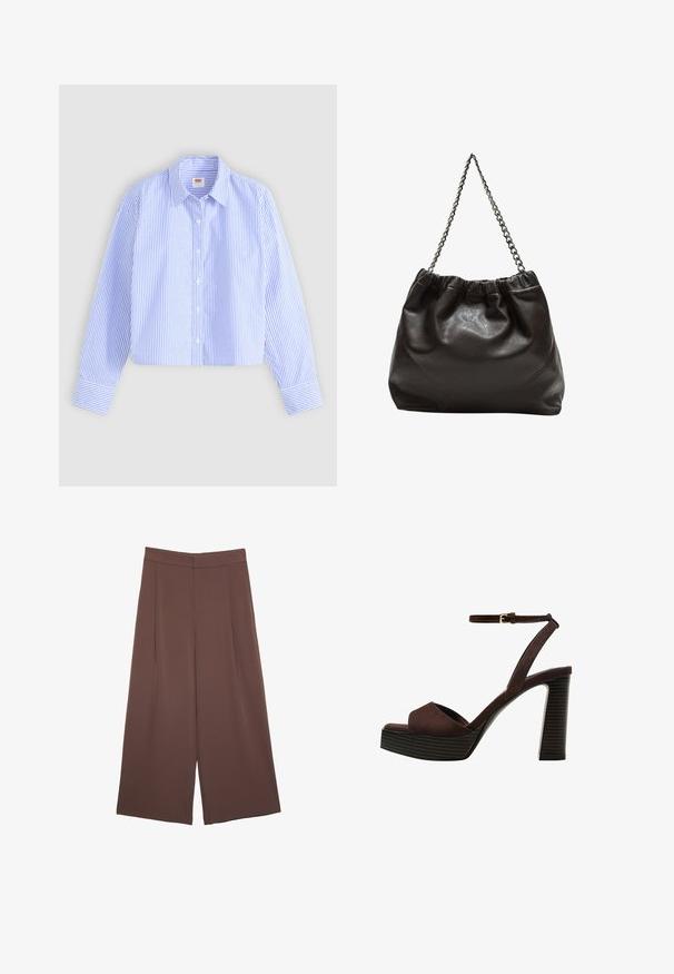 Camicetta cropped con bottoni caratterizzata da righe verticali blu e bianche con una finitura testurizzata, colletto a punta e polsini con un solo bottone.; Pantaloni ampi marroni con una texture liscia, caratterizzati da una vita alta e pieghe frontali. Il tessuto è leggero e scorre liberamente.; Sandal in camoscio marrone con tacco alto, punta aperta, cinturino alla caviglia regolabile e suola a piattaforma striata.; Borsa in pelle marrone con parte superiore arricciata e tracolla a catena. Texture liscia con finitura lucida e dettagli di cucitura sottili sui lati.