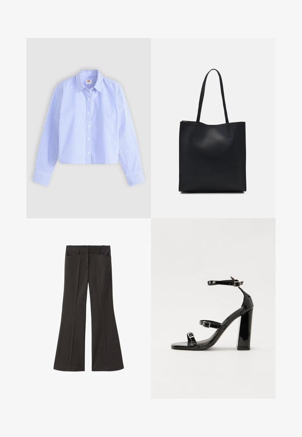 Zkrácená košile na knoflíky s modro-bílými vertikálními pruhy a texturovaným povrchem, s špičatým límcem a manžetami na jeden knoflík.; Černé rozšířené kalhoty s vysokým pasem; mají dvě přední kapsy a hladkou texturu látky. Vhodné pro různé příležitosti.; Černé lakované sandály na vysokém podpatku se dvěma pásky se sponami, čtvercovou špičkou a robustním blokovým podpatkem, s hladkou, lesklou texturou.; Černá kožená taška přes rameno s hladkým povrchem, obdélníkovým tvarem a dvěma dlouhými uchy. Žádné viditelné kování ani ozdoby.