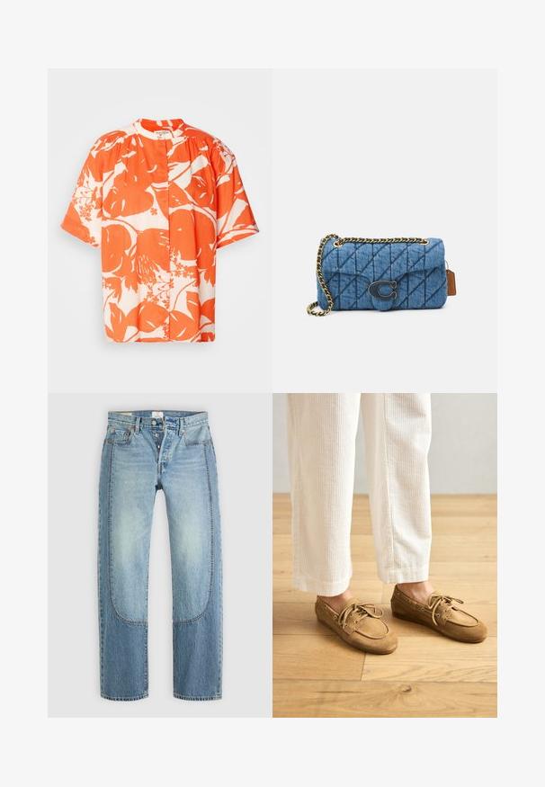 Kortærmet skjorte med et blomster mønster i orange og hvid, lavet af letvægtsstof med en rund krave og knaplukning.; Lyseblå denimjeans med en lige, løs pasform, der har kontrasterende paneldetaljer og en fem-lommer design. Knap-lukning.; Brune ruskinds bådsko med snørebånd, der har en rund tå og syede detaljer. Båret med hvide kordfløjl-bukser i en træagtig indstilling.; Blå quiltet denim skuldertaske med guld kæde-rem og en fremtrædende guldlogo-accent på forsiden. Kompakt rektangulær form.