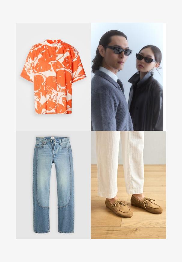 Tričko s krátkým rukávem s květinovým vzorem v oranžové a bílé barvě, vyrobené z lehkého materiálu, s kulatým límcem a zapínáním na knoflíky.; Světle modré džíny z denimu s rovnými, volnými nohavicemi, nabízí kontrastní panelové detaily a design s pěti kapsami. Zapínání na knoflík.; Hnědé nubukové lodní boty s šňůrkami, kulatou špičkou a prošívanými detaily. Nosené s bílými kordovými kalhotami v dřevěném prostředí.; Sluneční brýle s úhlovými černými rámy na modelce v šedém svetr, který ukazuje texturovaný pletený vzor, a černou koženou bundu, kterou nosí jiný model.; Černá kožená kabelka s zakřiveným tvarem, zlatými nýty podél okraje, nastavitelným popruhem a bočním očkem pro zvýraznění detailu.