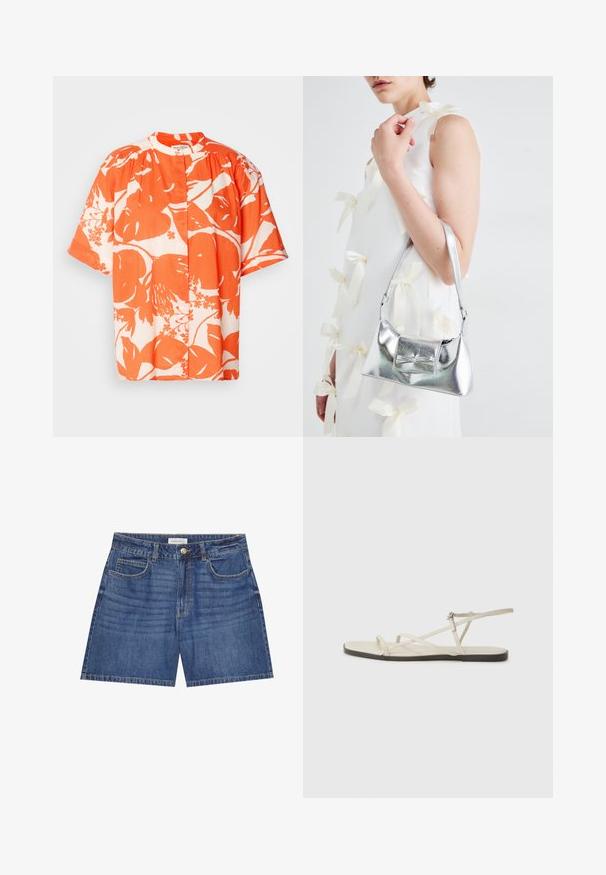 Cămașă cu mâneci scurte, decorată cu un model floral în nuanțe de portocalie și alb, fabricată dintr-un material ușor, cu guler rotund și închidere cu nasturi.; Shorts din denim de culoare albastră închisă, având un design clasic cu cinci buzunare, ușor diferențiate și o închidere cu nasture la talie.; Sandalie plate bej cu multiple bretele subțiri și o cataramă ajustabilă. Talpa este plată, cu un ușor contrast întunecat la margine.; Geantă metalică argintie cu o formă structurată, având un mâner superior și un detaliu sub formă de fundă pe față. Textură netedă, finisaj reflexiv.