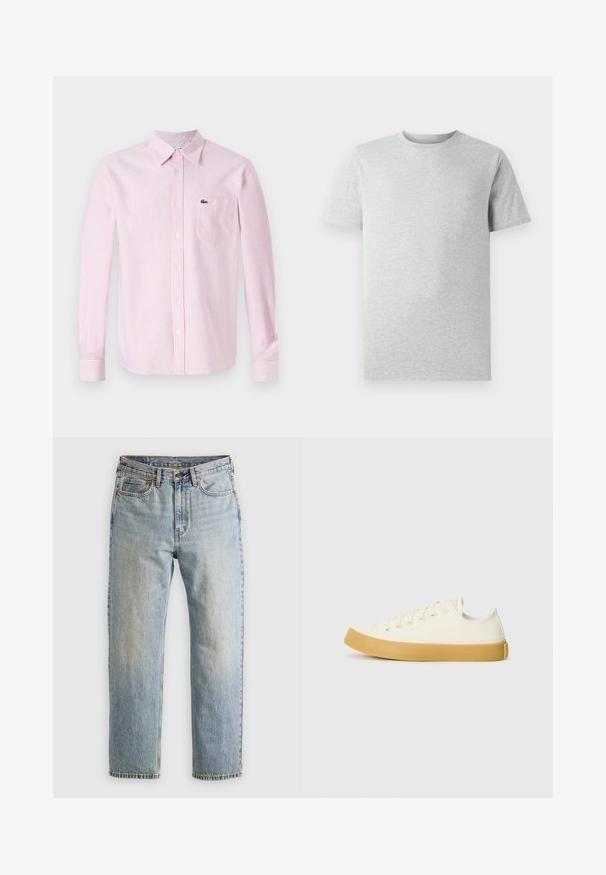 Camicia a maniche lunghe a righe verticali rosa e bianche. Presenta un colletto, una chiusura con bottoni e un piccolo logo verde sulla tasca del petto.; Maglietta a maniche corte grigia chiara, girocollo, mostrata su uno sfondo bianco, vista frontale senza loghi o design visibili.; Jeans in denim azzurro chiaro con vita alta, bottone anteriore, cerniera e design a cinque tasche, adagiati su uno sfondo neutro.; Sneakers in tela di colore avorio con punta rotonda, dotati di suole in gomma beige e cinque occhielli per i lacci, finitura texturizzata sulla parte superiore.