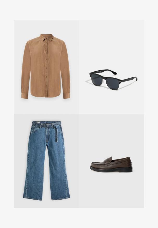 Καφέ, μακρυμάνικο πουκάμισο με κουμπιά από μαλακό ύφασμα, διαθέτοντας κομψό γιακά και μπροστινό κλείσιμο με κουμπιά. Λείο ύφασμα με ίσια γραμμή.; Μπλε τζιν παντελόνι wide-leg με ενσωματωμένη ζώνη, εμπρόσθιες τσέπες και ορατή ραφή σε απλή ανοιχτόχρωμη φόντο.; Καφέ δερμάτινα λουστρίνια με στρογγυλή μύτη, λεπτομερείς ραφές και επίπεδη μαύρη σόλα. Διαθέτει μια μικρή διακοσμητική λωρίδα πάνω από το κουτουπιέ.; Μαύρα γυαλιά ηλίου σε ορθογώνιο σχήμα, σκούροι φακοί, ασημί λεπτομέρειες στους κροτάφους και ματ φινίρισμα στον σκελετό.; Καφετί ύφασμα σακίδιο με πολλαπλές θήκες, ανθεκτικούς ιμάντες και ένα μικρό κόκκινο λογότυπο. Διαθέτει υφή και ορθογώνιο σχήμα.