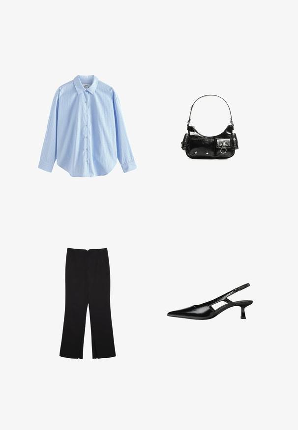 Chemise bleu clair à boutons, en tissu tissé, avec des rayures verticales blanches et de petits pois. Elle présente un col classique et des manches longues.; Pantalon noir avec une coupe droite, doté de poches avant et d'éclairs sur l'ourlet. Fabriqué en tissu doux et lisse. Convient à diverses occasions.; Escarpins slingback en cuir verni noir avec un bout pointu, un design découpé sur les côtés et un petit talon carré. Texture lisse avec des accents minimaux.; Sac à main en cuir verni noir avec une forme incurvée, une bandoulière, des poches avant et des accents en métal argenté.