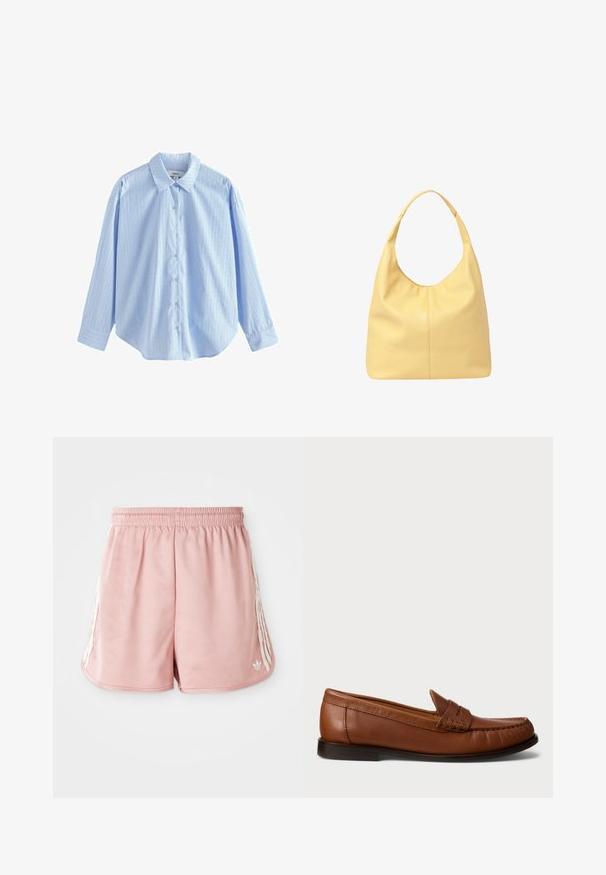 Hellblaues Button-up-Hemd aus gewebtem Stoff mit vertikalen weißen Streifen und kleinen Punkten. Es hat einen klassischen Kragen und lange Ärmel.; Rosa Sportshorts mit einem elastischen Bund, seitlichen weißen Streifen und einem kleinen Logo auf der unteren linken Vorderseite. Glatte Stofftextur.; Polo Ralph Lauren Mokassin - dark brown; Gelbe Leder-Hobo-Tasche mit einem gebogenen Griff, weicher Textur und dezenten Nahtdetails auf der Vorderseite, die ein geräumiges Design bietet.