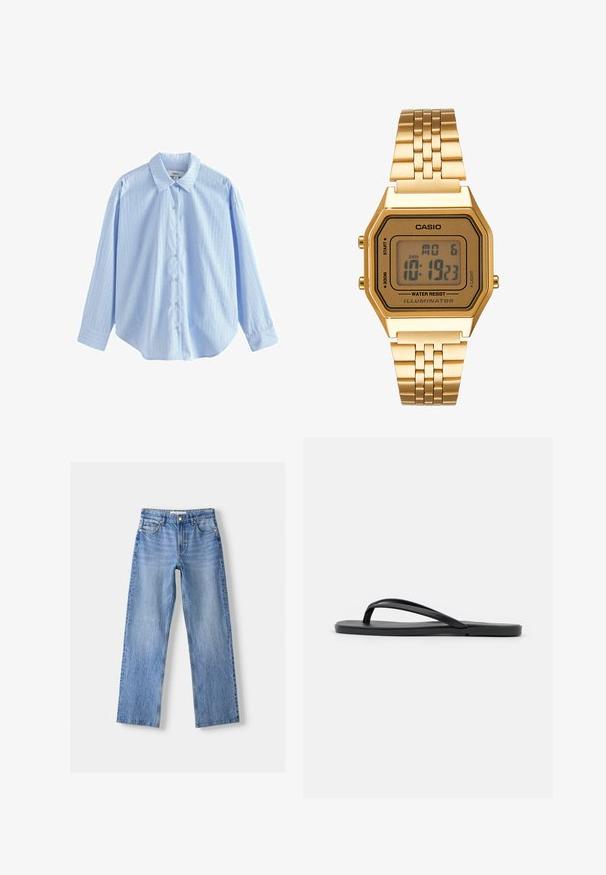 Lyseblå skjorte med knaplukning lavet af vævet stof med lodrette hvide striber og små prikker. Har en klassisk krave og lange ærmer.; Lysblå denim jeans med lige ben design, der har fem lommer, en frontknaplukning og subtil falmning for tekstur.; Sorte flip-flop med et minimalistisk design, flad sål, smalle stropper og en glat tekstur. Ingen yderligere mønstre eller accenter.; Guld digitalt ur med rektangulært urglas, LCD-display, rustfrit stålarmbånd og knapper på siden. Har et vandtæt mærke.