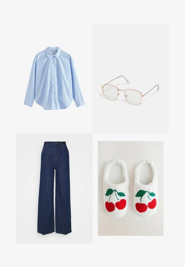 Lichtblauw overhemdd met een geweven stof, voorzien van verticale witte strepen en kleine stippen. Beschikt over een klassieke kraag en lange mouwen.; Hoge taille wijdvallende donkerblauwe denim jeans met voor- en achterzakken, knoopsluiting en zichtbare stikseldetails.; Witte donschoenen met een geborduurd kersenontwerp in rood en groen. Zachte textuur met een instapstijl.; Rechthoekige bril met een dunne roségouden metalen montuur. Duidelijke glazen, transparante oortips en subtiele details rondom de glazen.