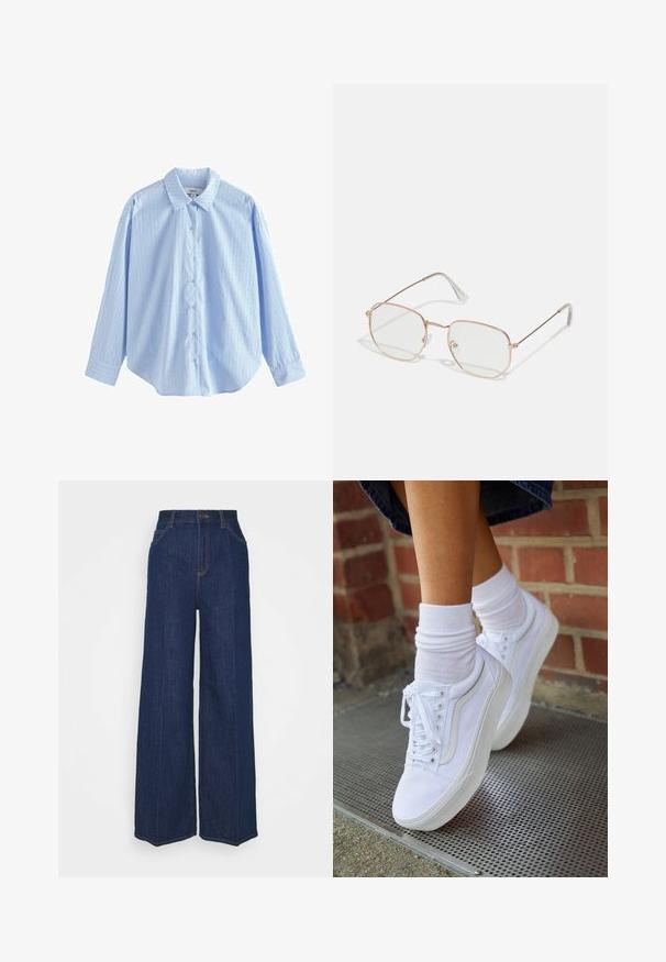 Svetlomodrá košeľa na gombíky vyrobená z tkaniny s vertikálnymi bielymi pruhmi a malými bodkami. Obsahuje klasický golier a dlhé rukávy.; Džíns s vysokým pásom a širokými nohavicami, tmavomodrej farby, s prednými a zadnými vreckami, zapínaním na gombík a viditeľnými švy.; Biele plátené tenisky s gumovou podrážkou, s piatimi dierkami na šnúrky, okrúhlou špičkou a svetlými švami, doplnené o biele členkové ponožky.; Hranaté dioptrické okuliare s tenkým rámom z ružovo-zlatého kovu. Priehľadné šošovky, transparentné koncovky straníc a jemné detaily okolo šošoviek.
