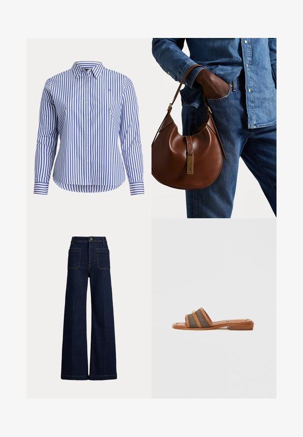 Camisa de manga longa às riscas azuis e brancas com colarinho abotoado, apresentando uma bainha arredondada, um logo subtil no peito e riscas contrastantes nos punhos.; Jeans de ganga escuros de perna larga com uma cintura alta, design de cinco bolsos e costura em contraste. Apresenta um fecho de botão e uma forma estruturada.; Sandália de slide castanha com duas largas tiras de tecido num padrão escuro, apresenta um salto plano e um detalhe de ferragem dourada.; Bolsa hobo de couro castanho com forma arredondada, apresentando um acabamento em metal dourado e costura em contraste. Combinada com uma camisa de ganga e jeans.