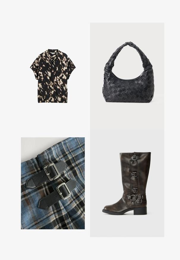 Koszula z krótkim rękawem zapinana na guziki, czarna, w abstrakcyjne brązowe i kremowe wzory, z klasycznym kołnierzykiem i luźnym krojem. Miękka tekstura materiału.; Kratkowany materiał w niebieskie, brązowe i czarne kolory, z dwoma czarnymi sztucznymi skórzanymi paskami z srebrnymi klamrami w talii. Widoczny zamek.; Brązowe skórzane buty za kolano z wieloma klamrami, okrągłym noskiem i niskim, grubym obcasem. Posiadają fakturowane wykończenie i regulowane paski.; Czarna skórzana torebka na ramię pleciona, z okrągłym uchwytem i kształtem półksiężyca na jednolitym tle.