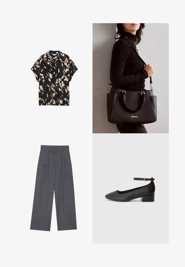 Camicia a maniche corte con bottoni nera con motivi astratti marroni e crema, dotata di colletto classico e vestibilità rilassata. Texture di tessuto morbida.; Pantaloni a gamba larga in tessuto grigio scuro con vita cinturata, caratterizzati da pieghe frontali e texture liscia. Nessun ulteriore motivo o dettaglio.; Pump in pelle nera con punta affusolata e tacco basso a blocco. Presenta una cinghia alla caviglia con una fibbia in tonalità oro. Texture liscia.; Borsa nera con superficie texturizzata, manici superiori doppi e tracolla regolabile. Dotata di hardware color oro e tasche laterali.