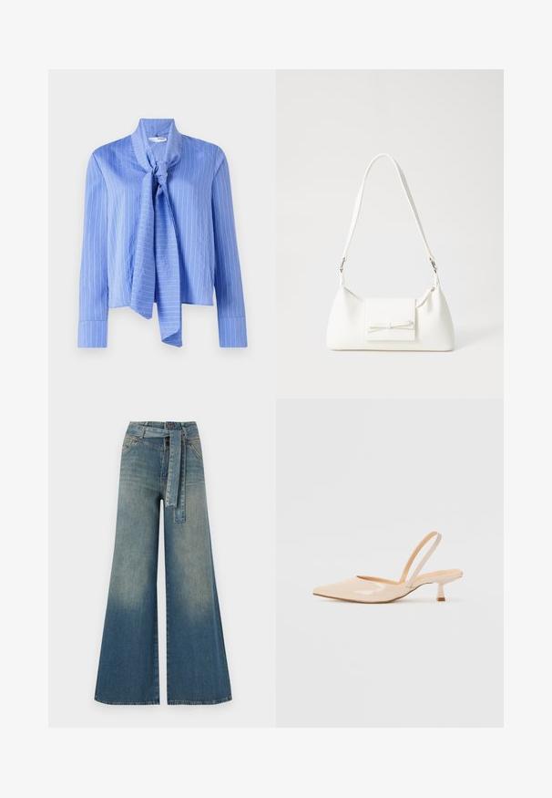Svijetloplava bluzica s vezanom kragnom, dugim rukavima i bijelim vertikalnim prugama. Izrađena od glatkog materijala s strukturiranim oblikom i urednim manžetnama.; Široke traperice s gradijentom od svijetloplave do tamnoplave, visokog struka, petljama za remen i remenom od istog materijala. Teksturirana traper tkanina.; Bež sandale od lakirane kože s uskim vrhom i tankim, kvadratnim potpeticom. Glatka tekstura i minimalistički dizajn bez ukrasnih detalja.; Bijela sintetička torbica s trokutastim oblikom, ravnim prednjim poklopcem i detaljem u obliku mašne, podesivom remenom, glatkom teksturom i minimalističkim dizajnom.