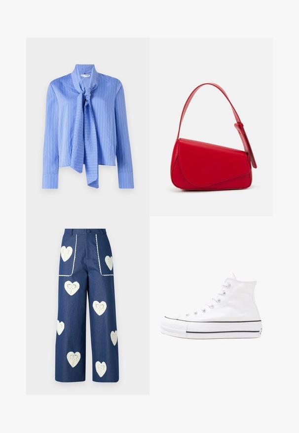 Blusa de color azul claro con cuello atado, manga larga y rayas verticales blancas. Fabricada en un tejido suave con una forma estructurada y puños bien acabados.; Sister Jane HEART TO HEART - Vaqueros rectos - blue denim; Zapatilla de lona alta blanca con suela de goma negra, puntera de goma frontal y seis ojetes para los cordones, que presenta un diseño limpio y minimalista.; Bolso de cuero rojo con un diseño angular y geométrico. Cuenta con una única correa ajustable y un cierre de solapa con detalles de costura.