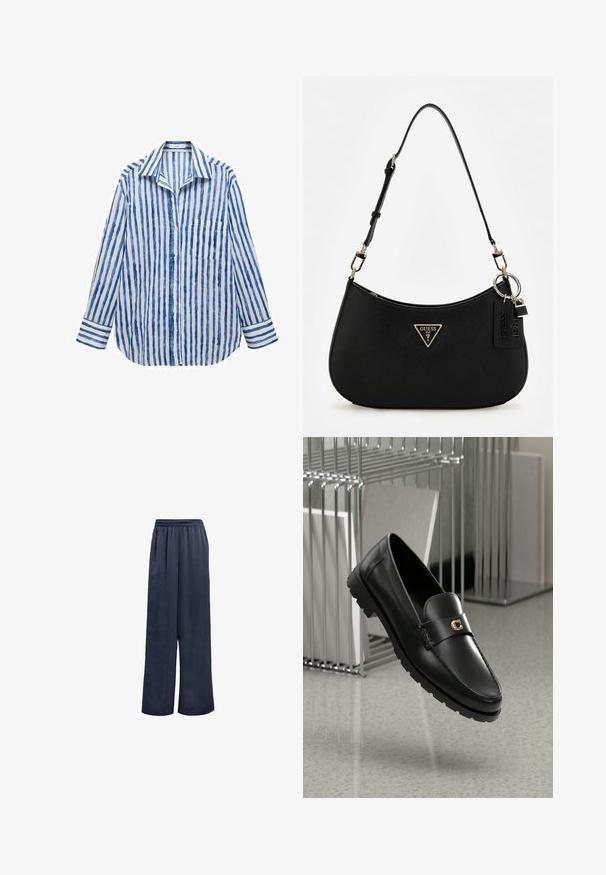 Mango Camicia - off-white; Pantaloni a gamba larga navy realizzati in tessuto morbido con vita elastica e senza hardware visibile. Presentano una vestibilità rilassata e un design a lunghezza intera.; Mocassini in pelle nera con cucitura in rilievo, logo in accento oro e cinturino texture. Presenta una suola in gomma spessa e resistente.; Borsa a spalla nera in materiale sintetico con silhouette curvilinea, finitura testurizzata, logo triangolare dorato e dettagli in metallo removibili.