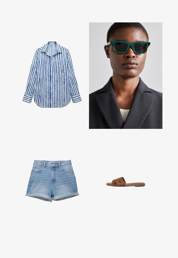 Mango Skjortebluser - off-white; Denimshorts i lys blå vask, højtaljede med knaplukning, fem lommer og opsmøgede kanter. Glat tekstur, klassisk design.; Brun læder slide sandal med krydsede stropper, flad sål og en glat overflade. Enkel design uden udsmykninger eller mønstre.; Grønne og mønstrede solbriller med en geometrisk ramme; mørke linser; modellen bærer en struktureret sort blazer over en lys top.; Sort syntetisk skuldertaske med en buet silhuet, tekstureret overflade, gyldent trekantet logo og aftagelige hardware-detaljer.